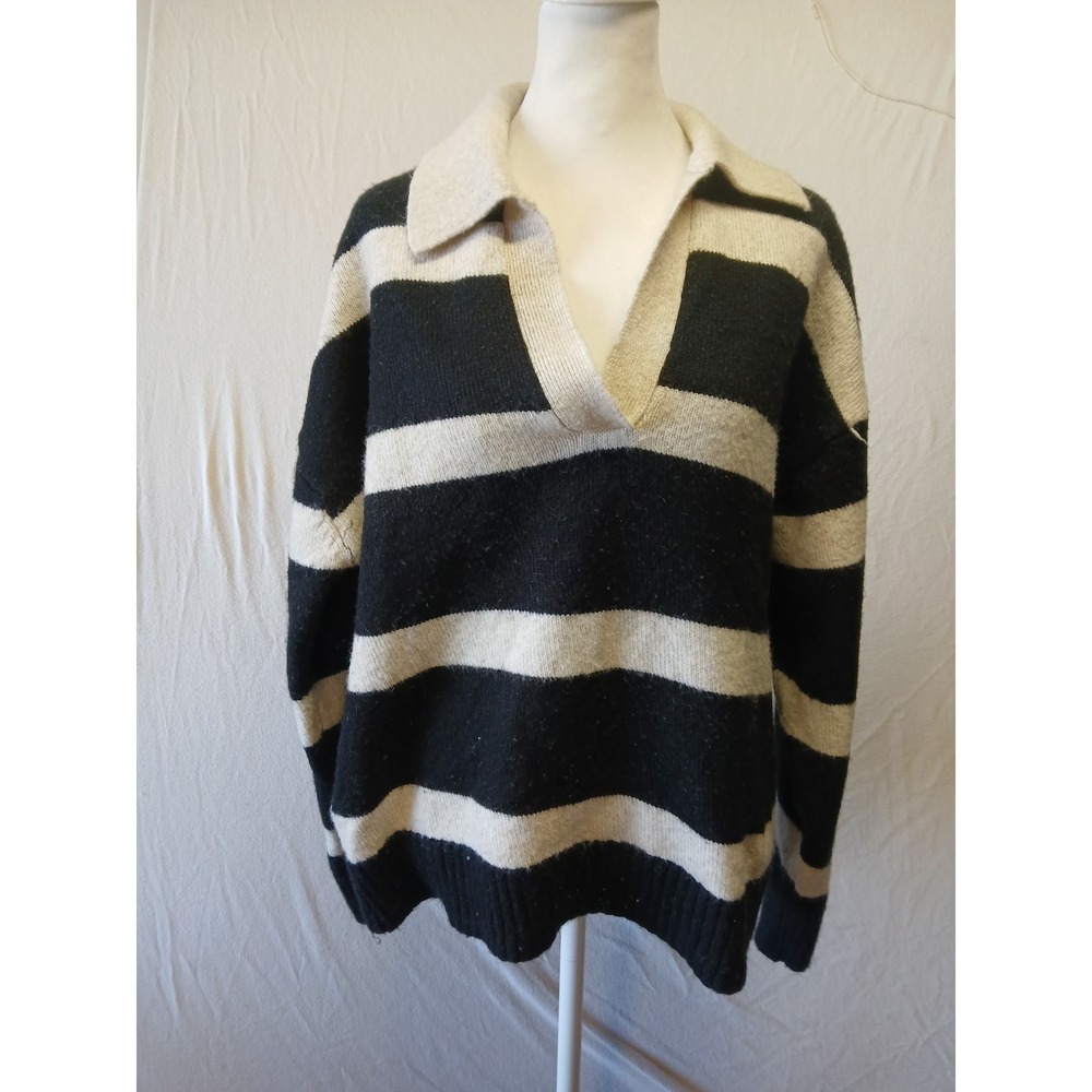 H‎ & M Wool Blend Black and White Striped V-Neck Sweater Womens Medium Collared - Picture 9 of 11